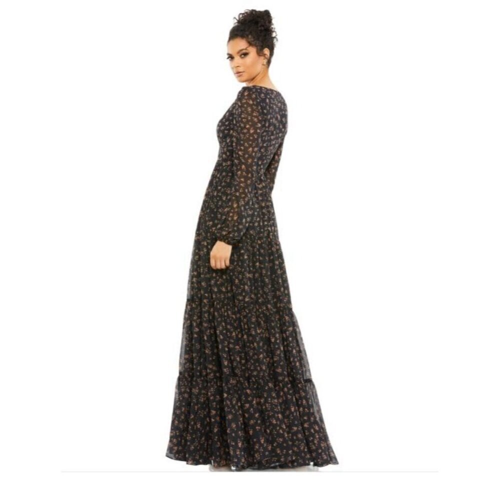 New Mac Duggal Size 2 Black Floral 55431 Peasant Maxi Dress Flowy Cottagecore - Picture 3 of 13